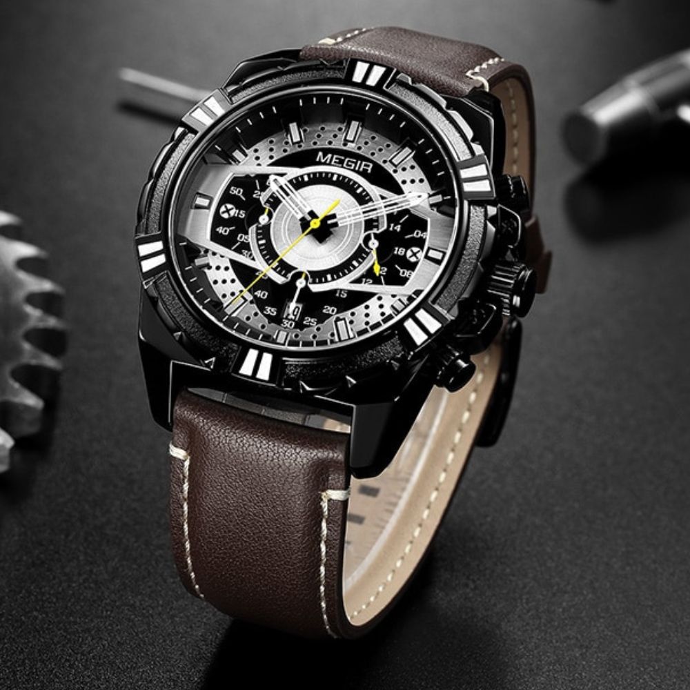 Luxuriöse Quarz-Chronograph Militär Sport Leder Uhr