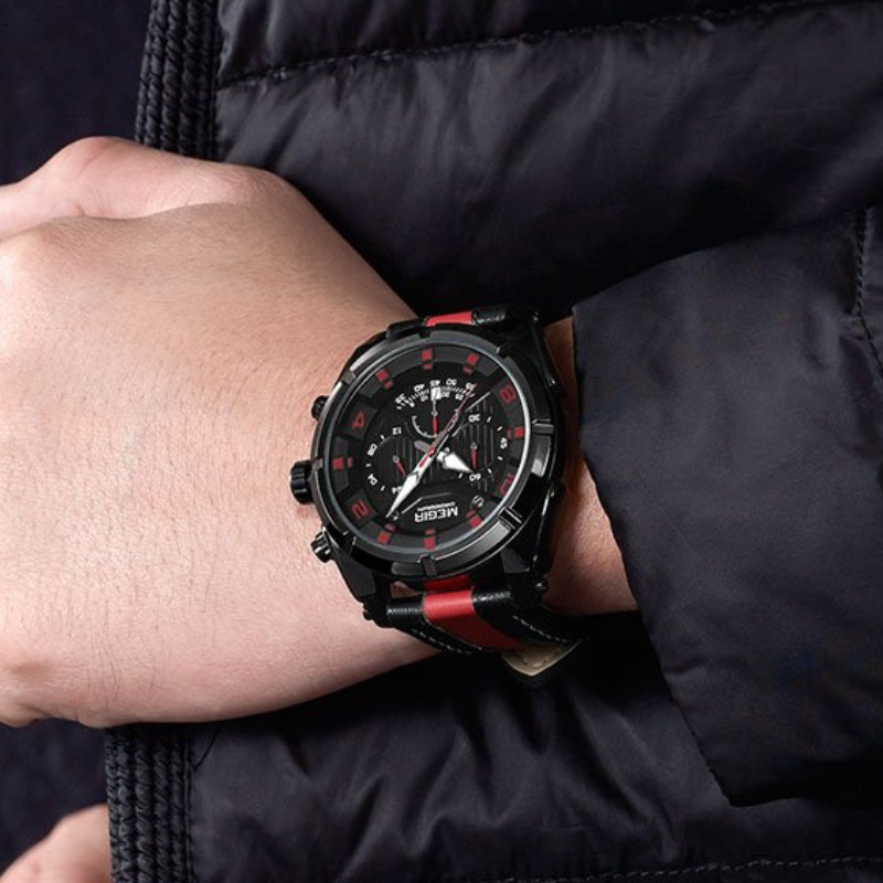 Luxus-Leder-Militär-Sport-Chronographen-Uhr