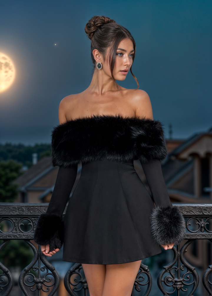 Serena | Schulterfreies Minikleid mit Pelzärmeln